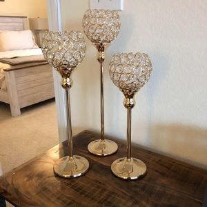 Used once! 15 sets of 3 gold crystal candle holder